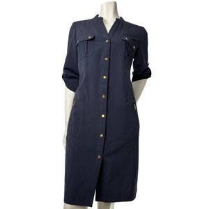 Zac + Rachel Navy Shirt Dress Gold Hardware Modern Utility Midi Minimalist M